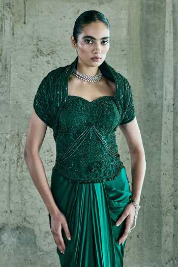 Shop_Istya_Emerald Green Organza, Satin Embroidery, Sequins, Beads Cape Skirt Set _Online_at_Aza_Fashions