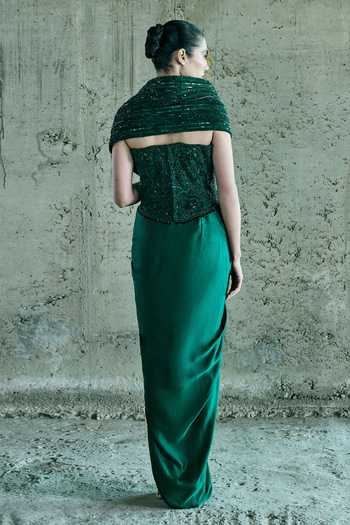 Shop_Istya_Emerald Green Organza, Satin Embroidery, Sequins, Beads Cape Skirt Set _at_Aza_Fashions