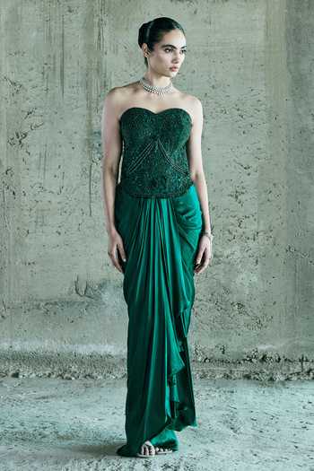 Istya_Emerald Green Organza, Satin Embroidery, Sequins, Beads Cape Skirt Set _at_Aza_Fashions