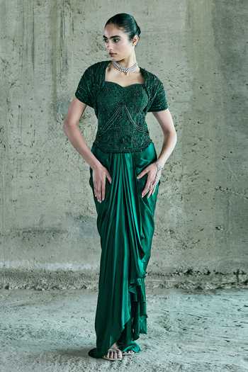 Buy_Istya_Emerald Green Organza, Satin Embroidery, Sequins, Beads Cape Skirt Set 