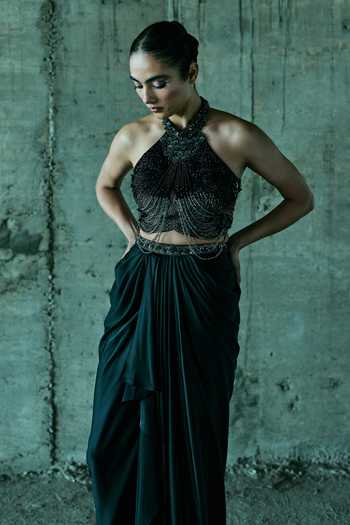 Istya_Black Organza, Satin Beads, Tassels, Chains Hand Embellished Top And Skirt Set _Online_at_Aza_Fashions