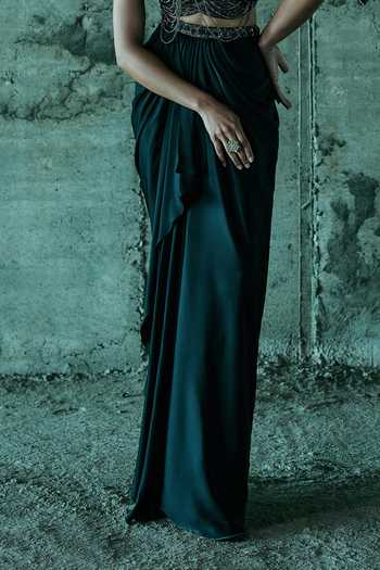 Buy_Istya_Black Organza, Satin Beads, Tassels, Chains Hand Embellished Top And Skirt Set _Online_at_Aza_Fashions