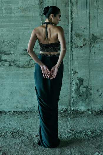 Shop_Istya_Black Organza, Satin Beads, Tassels, Chains Hand Embellished Top And Skirt Set _at_Aza_Fashions