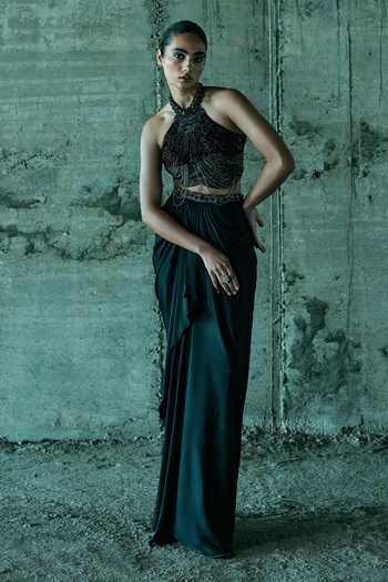Buy_Istya_Black Organza, Satin Beads, Tassels, Chains Hand Embellished Top And Skirt Set _at_Aza_Fashions