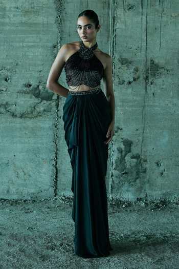 Shop_Istya_Black Organza, Satin Beads, Tassels, Chains Hand Embellished Top And Skirt Set _Online_at_Aza_Fashions
