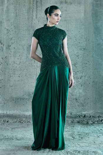Buy_Istya_Emerald Green Organza, Satin Cut Work High Neck Embroidered Top And Skirt Set _at_Aza_Fashions