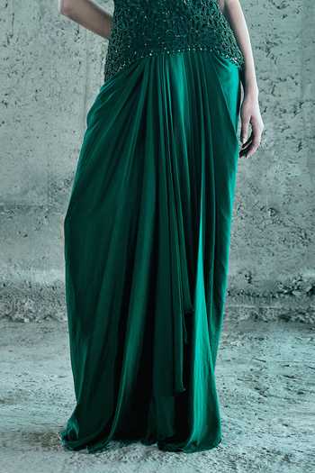 Istya_Emerald Green Organza, Satin Cut Work High Neck Embroidered Top And Skirt Set _Online_at_Aza_Fashions