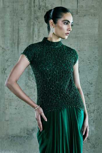 Buy_Istya_Emerald Green Organza, Satin Cut Work High Neck Embroidered Top And Skirt Set _Online_at_Aza_Fashions