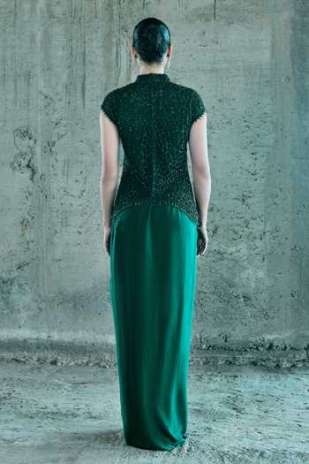 Shop_Istya_Emerald Green Organza, Satin Cut Work High Neck Embroidered Top And Skirt Set _at_Aza_Fashions