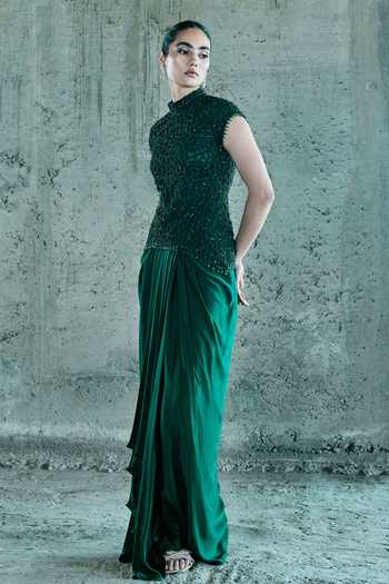 Shop_Istya_Emerald Green Organza, Satin Cut Work High Neck Embroidered Top And Skirt Set _Online_at_Aza_Fashions