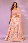 Buy_Label Priyanka Kar_Pink Satin Embroidery, Crystals, Sequins Floral Print Cherry Lehenga Set _at_Aza_Fashions