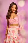 Label Priyanka Kar_Pink Satin Embroidery, Crystals, Sequins Floral Print Cherry Lehenga Set _at_Aza_Fashions