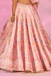 Label Priyanka Kar_Peach Satin Beads, Crystals Sweetheart Neck Flower Print Lehenga Set _Online_at_Aza_Fashions