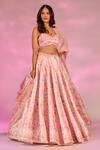 Buy_Label Priyanka Kar_Peach Satin Beads, Crystals Sweetheart Neck Flower Print Lehenga Set _Online_at_Aza_Fashions