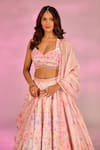 Shop_Label Priyanka Kar_Peach Satin Beads, Crystals Sweetheart Neck Flower Print Lehenga Set _Online_at_Aza_Fashions