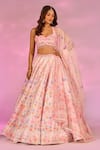 Buy_Label Priyanka Kar_Peach Satin Beads, Crystals Sweetheart Neck Flower Print Lehenga Set _at_Aza_Fashions