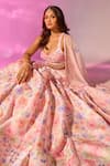 Label Priyanka Kar_Peach Satin Beads, Crystals Sweetheart Neck Flower Print Lehenga Set _at_Aza_Fashions