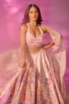 Shop_Label Priyanka Kar_Peach Satin Beads, Crystals Sweetheart Neck Flower Print Lehenga Set 