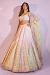Label Priyanka Kar_Yellow Satin Crystals Sweetheart Neck Flower Print Flared Lehenga Set _Online_at_Aza_Fashions