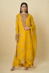 Buy_Anamika Khanna_Mustard Embroidery, Mirrors, Zari Round Neck Kurta Set _at_Aza_Fashions