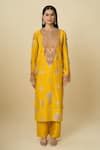 Shop_Anamika Khanna_Mustard Embroidery, Mirrors, Zari Round Neck Kurta Set _Online_at_Aza_Fashions