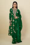 Anamika Khanna_Green Embroidery, Zari Round Neck Emerald Kurta Set _at_Aza_Fashions