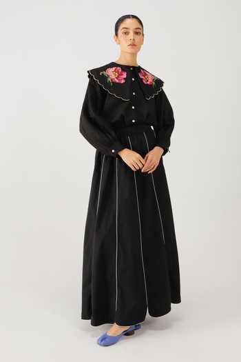 Cord_Black Linen Embroidery Collared Julia Rose Placement Top _Online_at_Aza_Fashions