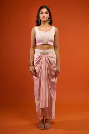 Buy_Anamika Khanna_Pink Embroidery Square Neck Border Jacket Skirt Set _Online_at_Aza_Fashions
