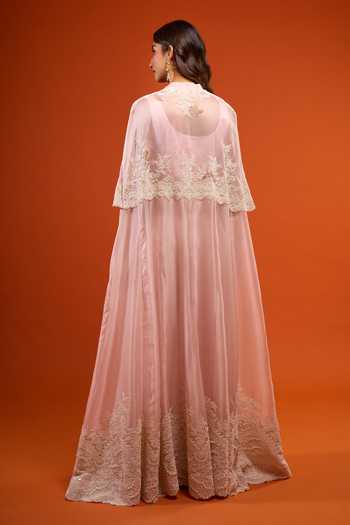 Anamika Khanna_Pink Embroidery Square Neck Border Jacket Skirt Set _Online_at_Aza_Fashions