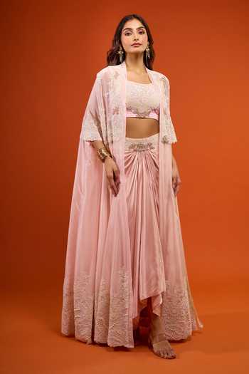 Anamika Khanna_Pink Embroidery Square Neck Border Jacket Skirt Set _at_Aza_Fashions