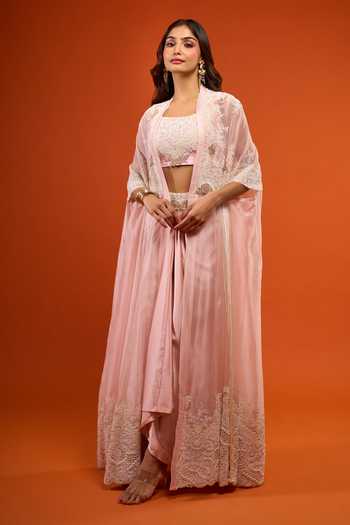 Buy_Anamika Khanna_Pink Embroidery Square Neck Border Jacket Skirt Set _at_Aza_Fashions