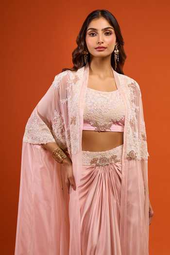 Buy_Anamika Khanna_Pink Embroidery Square Neck Border Jacket Skirt Set 