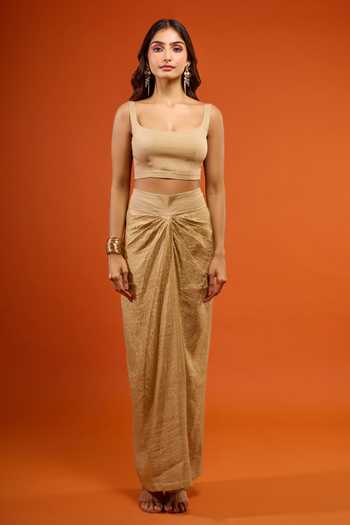 Shop_Anamika Khanna_Gold Embroidery Scallop Cape And Skirt Set _Online_at_Aza_Fashions