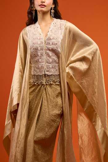 Shop_Anamika Khanna_Gold Embroidery Scallop Cape And Skirt Set 
