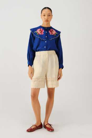 Buy_Cord_Blue Linen Embroidery Peter Pan Collar Julia Rose Top _Online_at_Aza_Fashions
