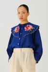 Shop_Cord_Blue Linen Embroidery, Lace Collared Rose Top And Shorts Set _Online_at_Aza_Fashions