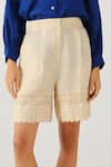 Cord_Blue Linen Embroidery, Lace Collared Rose Top And Shorts Set _at_Aza_Fashions