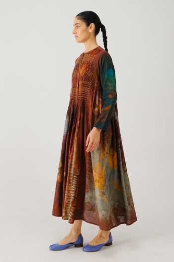 Cord_Maroon Smocking Round Neck Frida X Ray Print Dress _Online_at_Aza_Fashions