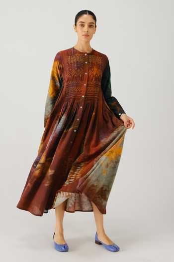 Shop_Cord_Maroon Smocking Round Neck Frida X Ray Print Dress _Online_at_Aza_Fashions