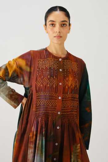 Cord_Maroon Smocking Round Neck Frida X Ray Print Dress _at_Aza_Fashions