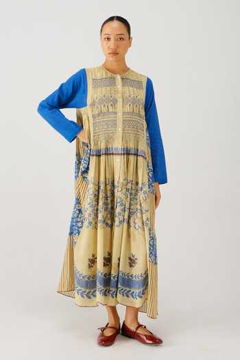 Shop_Cord_Blue Smocking Mandarin Collar Frida Bluebell Print Dress _Online_at_Aza_Fashions