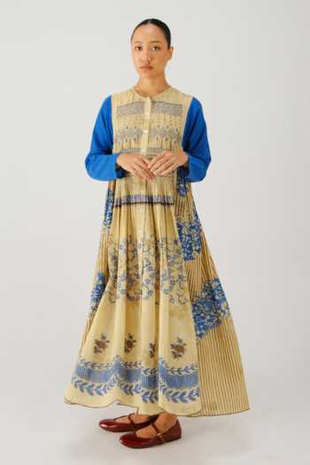 Buy_Cord_Blue Smocking Mandarin Collar Frida Bluebell Print Dress _at_Aza_Fashions