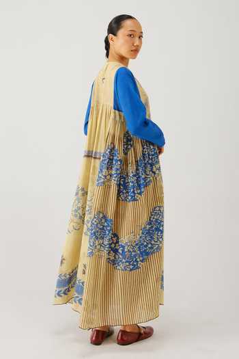 Shop_Cord_Blue Smocking Mandarin Collar Frida Bluebell Print Dress _at_Aza_Fashions