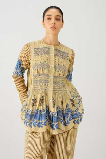 Shop_Cord_Beige Smocking Mandarin Collar Frida Bluebell Print Top _at_Aza_Fashions