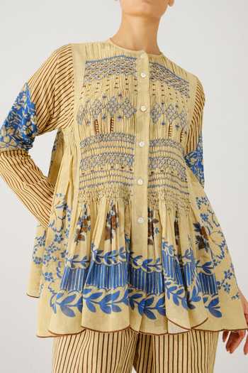 Buy_Cord_Beige Smocking Mandarin Collar Frida Bluebell Print Top _Online_at_Aza_Fashions