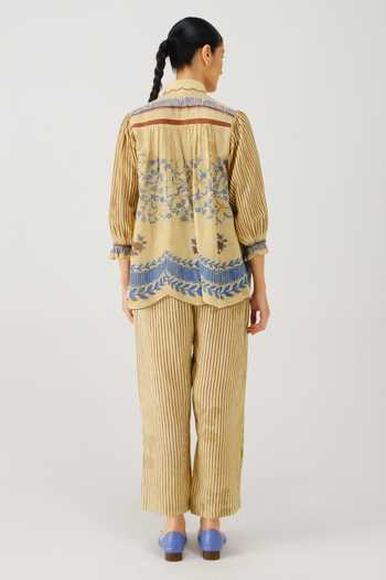 Shop_Cord_Beige Linen Smocking Button-down Neck Judy Bluebell Print Shirt _at_Aza_Fashions