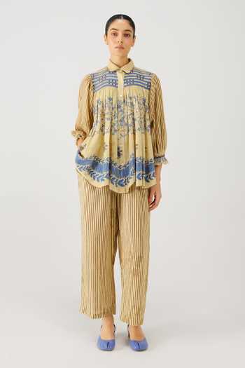 Cord_Beige Linen Smocking Button-down Neck Judy Bluebell Print Shirt _Online_at_Aza_Fashions