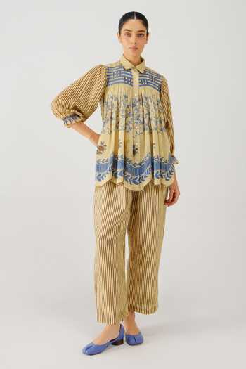 Shop_Cord_Beige Linen Smocking Button-down Neck Judy Bluebell Print Shirt _Online_at_Aza_Fashions