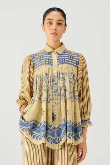 Buy_Cord_Beige Linen Smocking Button-down Neck Judy Bluebell Print Shirt _at_Aza_Fashions