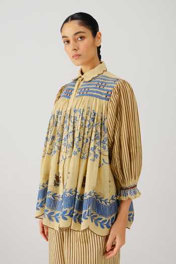 Buy_Cord_Beige Linen Smocking Button-down Neck Judy Bluebell Print Shirt 